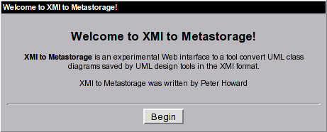 XMI to Metastorage welcome page